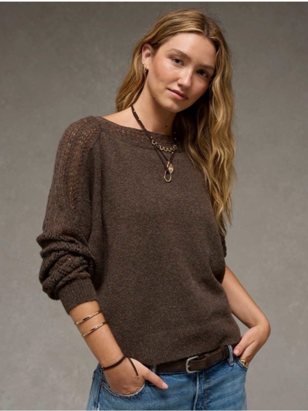 Cozy American Eagle Brown Knit Sweater with crocheted side sleeves detail
